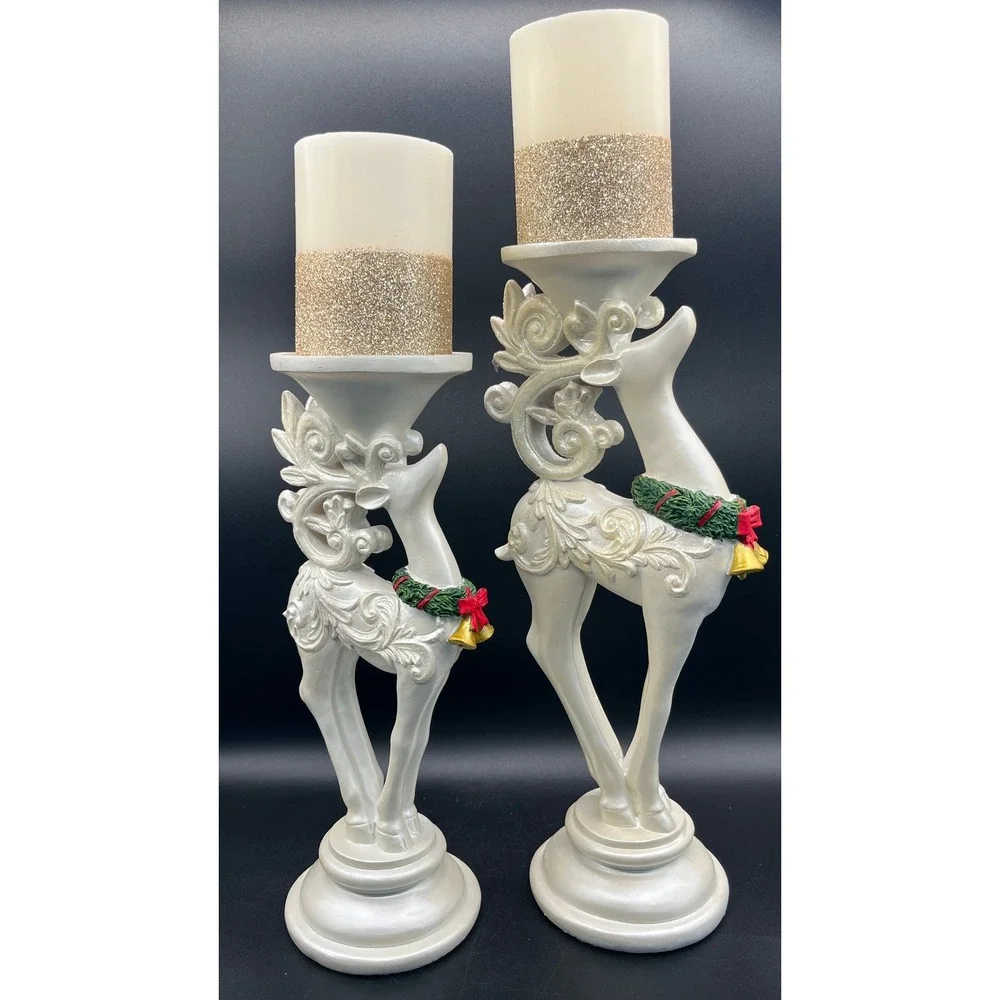 Christmas Reindeer Pillar Candle Holder Set Cream Gold LED Candles 2pc 14
